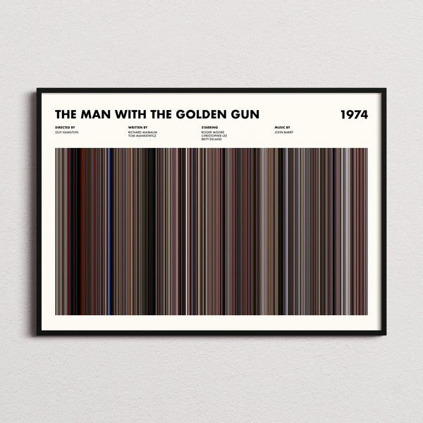 The Man with the Golden Gun Movie Barcode Poster framed and photographed straight on