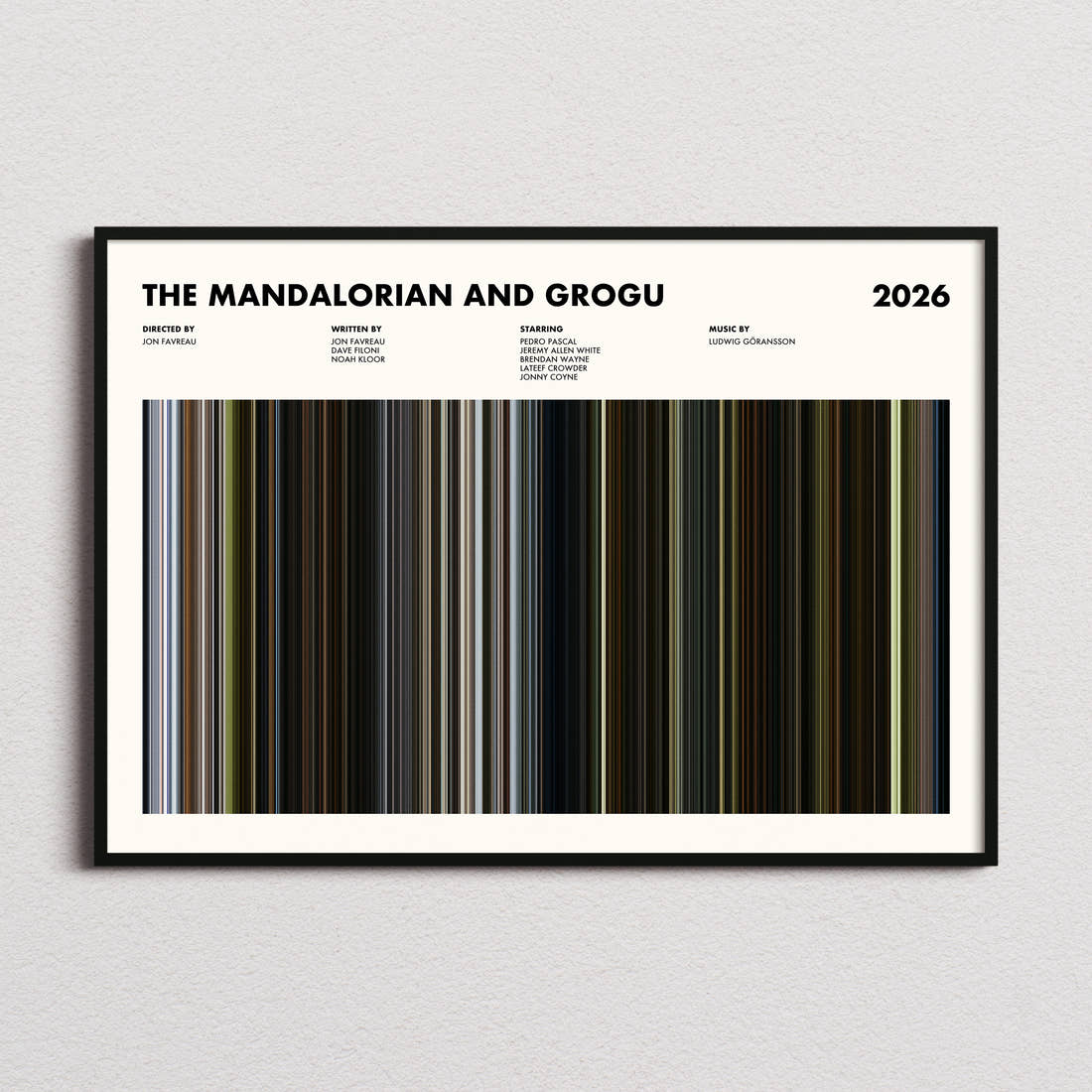 The Mandalorian and Grogu Movie Barcode Poster framed and photographed straight on