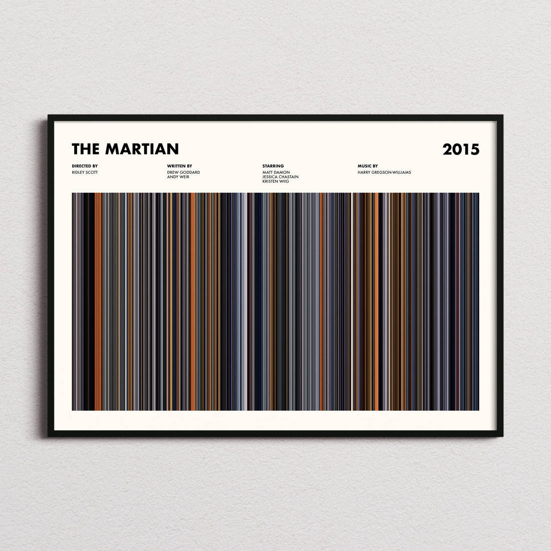 The Martian Movie Barcode Poster framed and photographed straight on