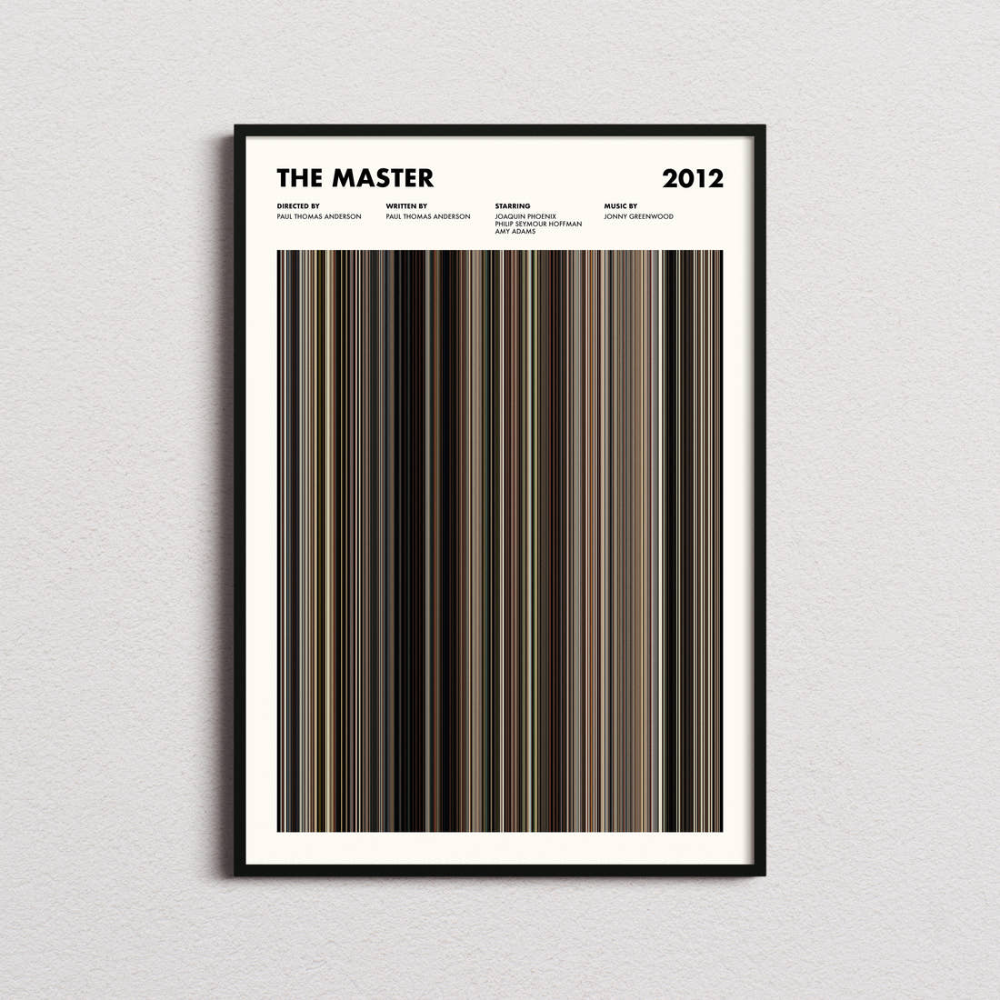 The Master Movie Barcode Poster framed on a plain studio wall