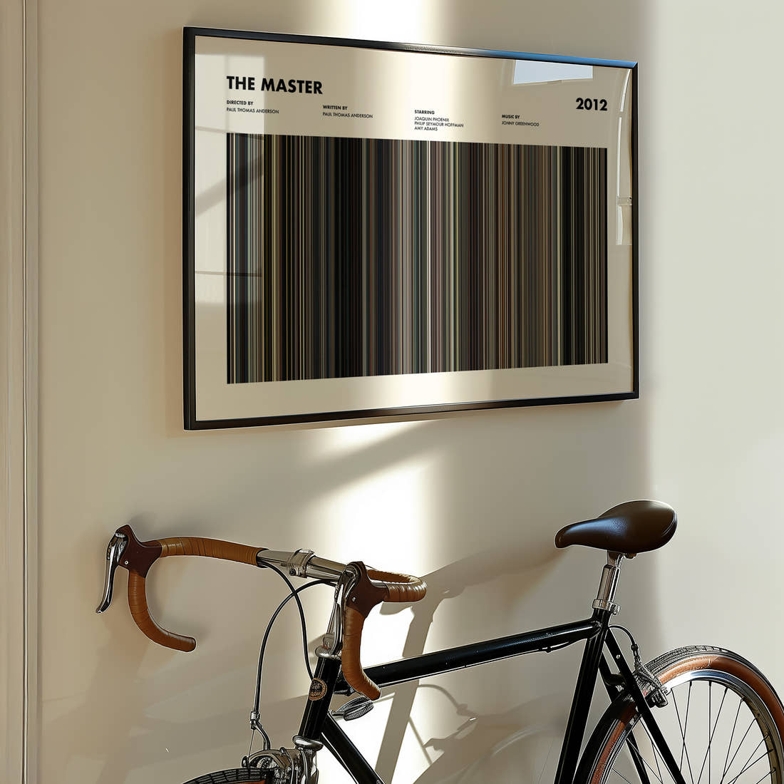 The Master Movie Barcode Poster framed on the wall of a styled room setting