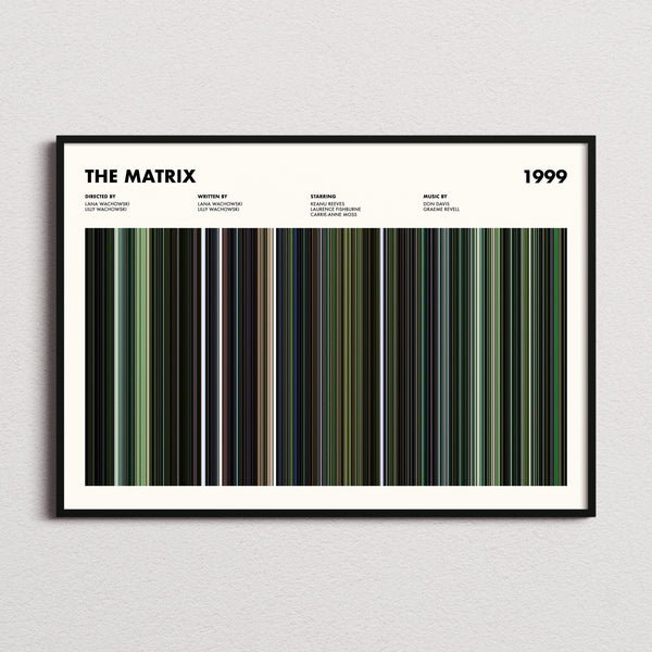 The Matrix Movie Barcode Poster framed and photographed straight on