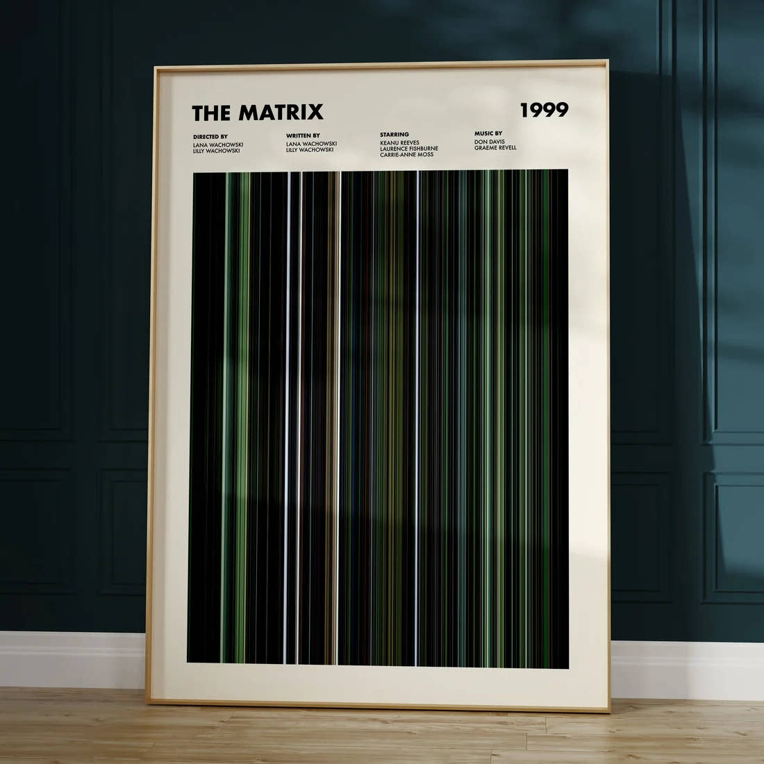 Custom Movie Barcode Poster framed on the wall above a sofa