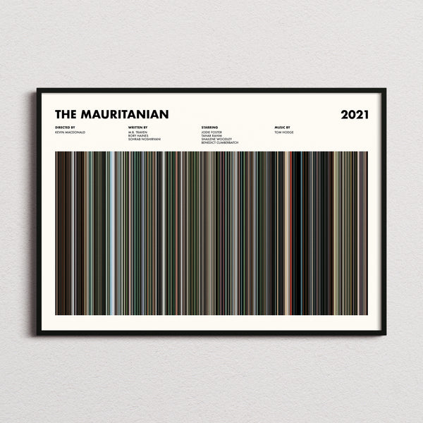 The Mauritanian Movie Barcode Poster framed and photographed straight on