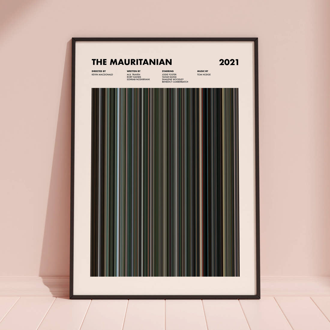 The Mauritanian Movie Barcode Poster framed and leaning against a coloured wall