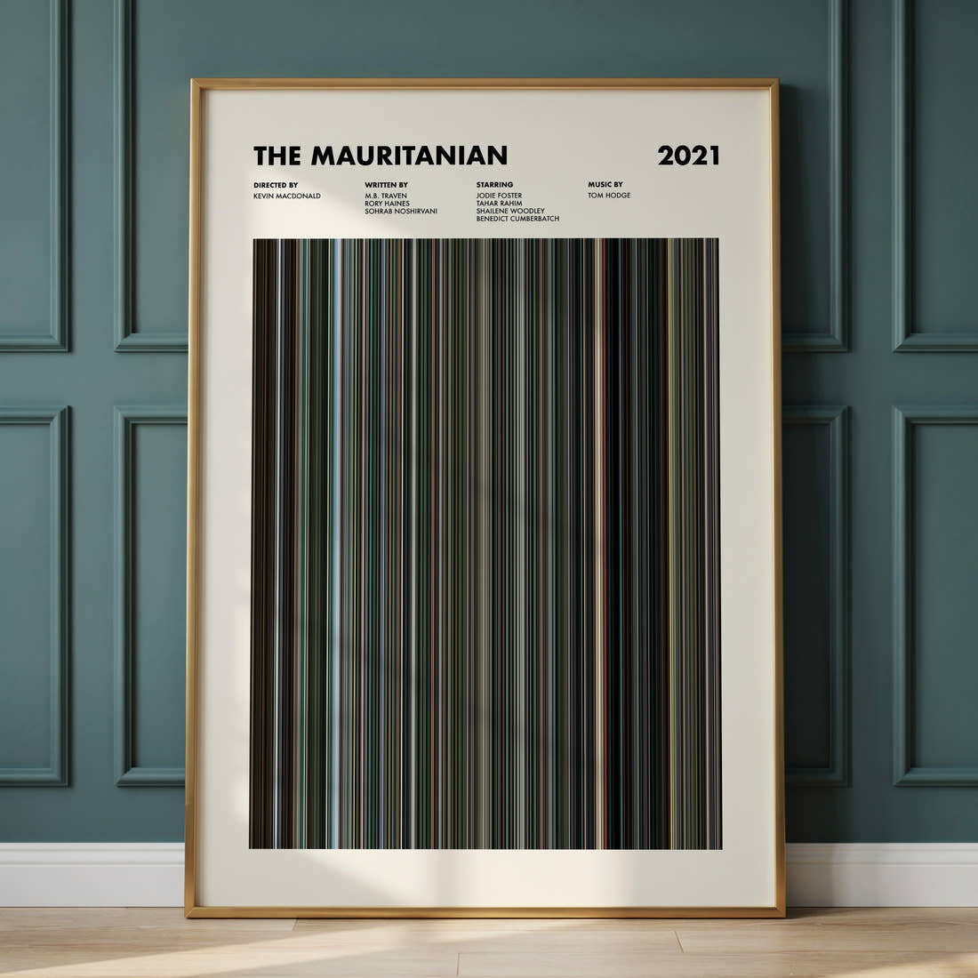 The Mauritanian Movie Barcode Poster framed and leaning against a panelled wall