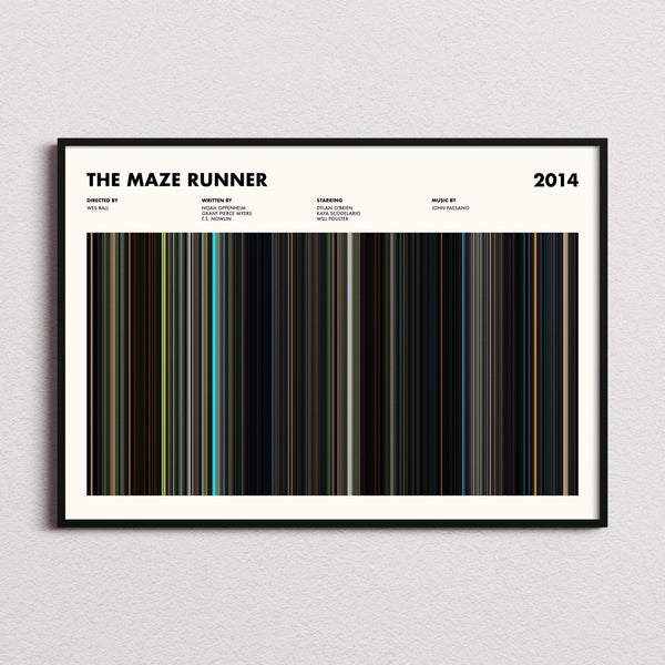 The Maze Runner Movie Barcode Poster framed and photographed straight on