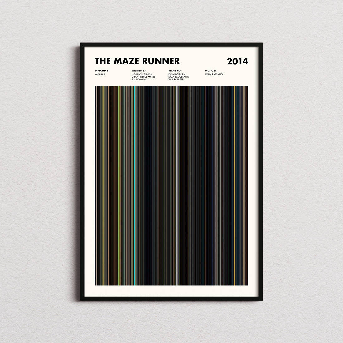 The Maze Runner Movie Barcode Poster framed on a plain studio wall