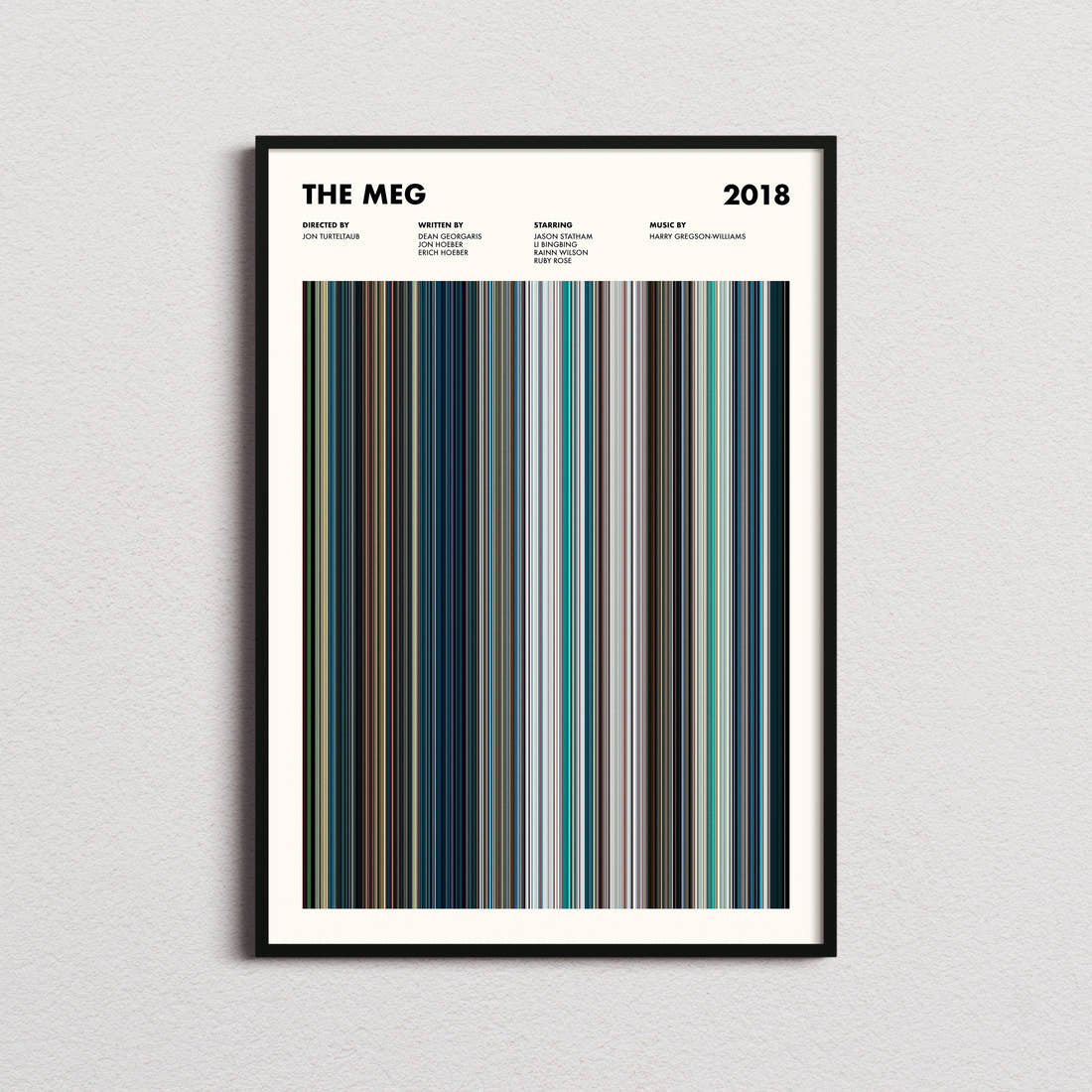 The Meg Movie Barcode Poster framed on a plain studio wall