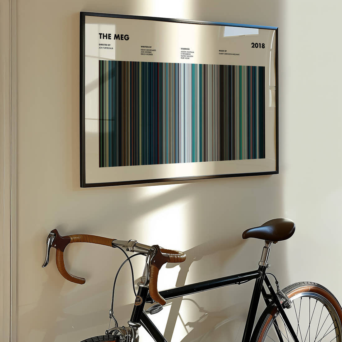 The Meg Movie Barcode Poster framed on the wall of a styled room setting