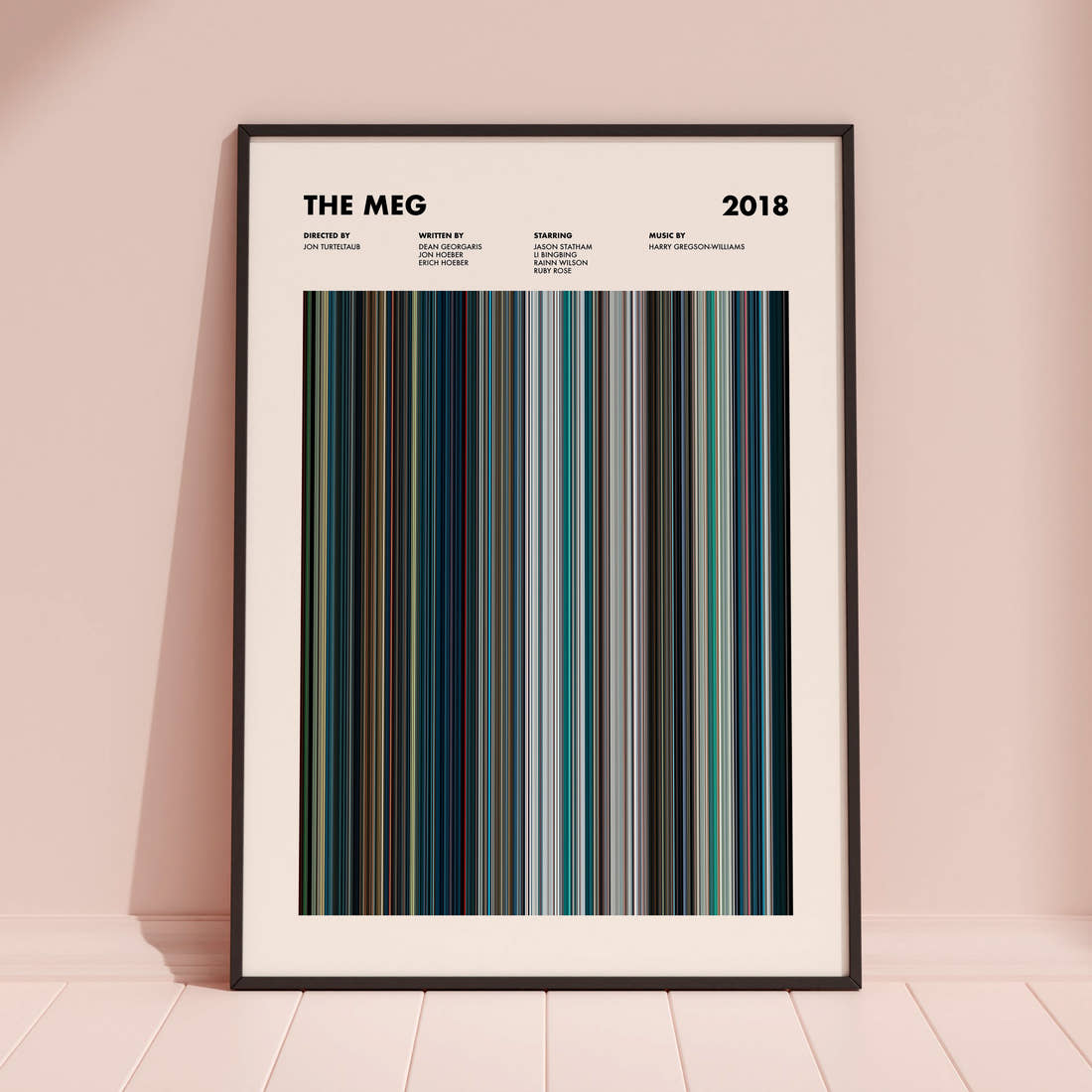 The Meg Movie Barcode Poster framed and leaning against a coloured wall