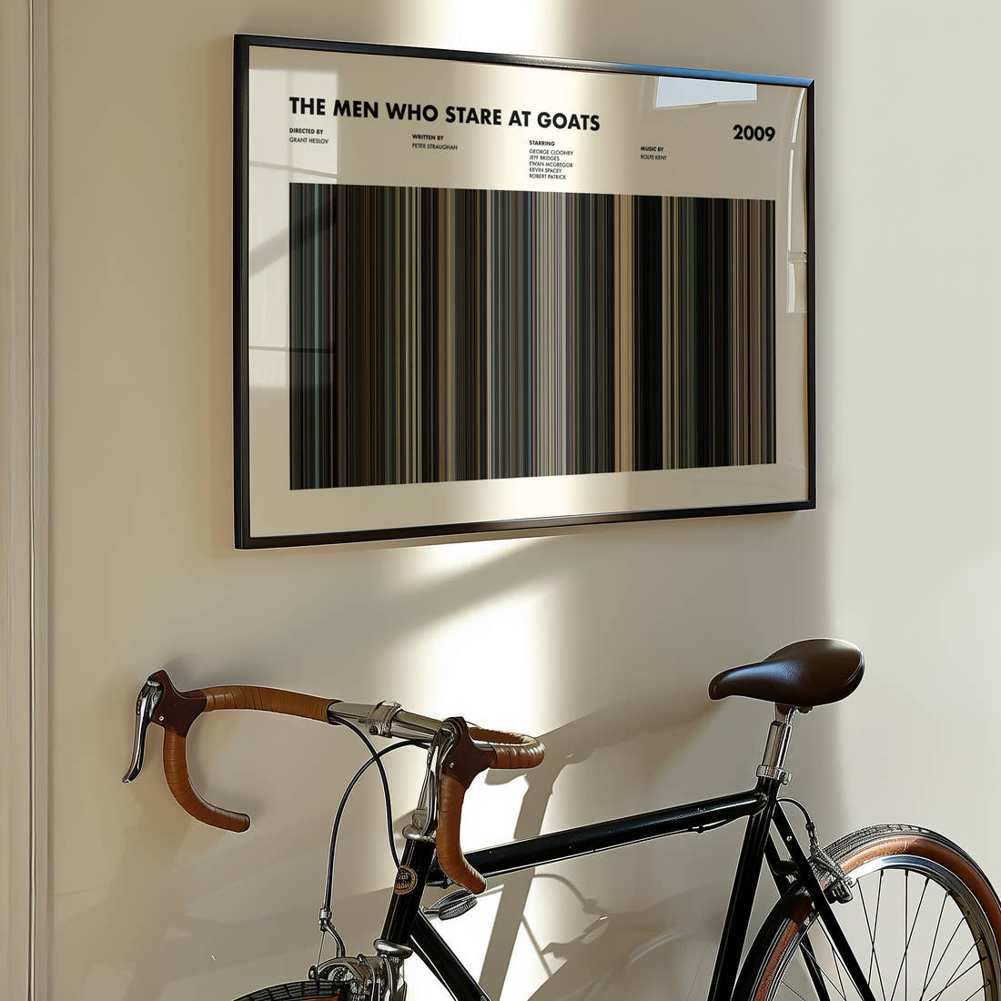 The Men Who Stare at Goats Movie Barcode Poster framed on the wall of a styled room setting