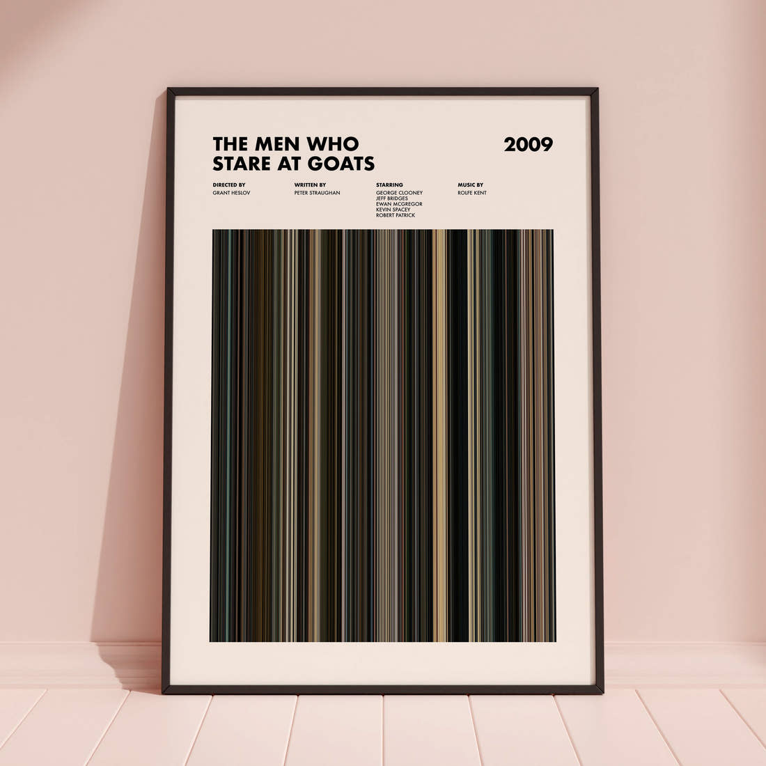The Men Who Stare at Goats Movie Barcode Poster framed and leaning against a coloured wall