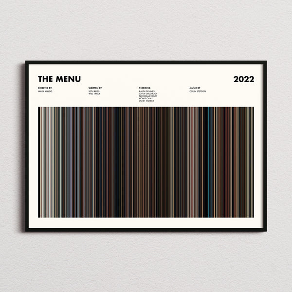 The Menu Movie Barcode Poster framed and photographed straight on