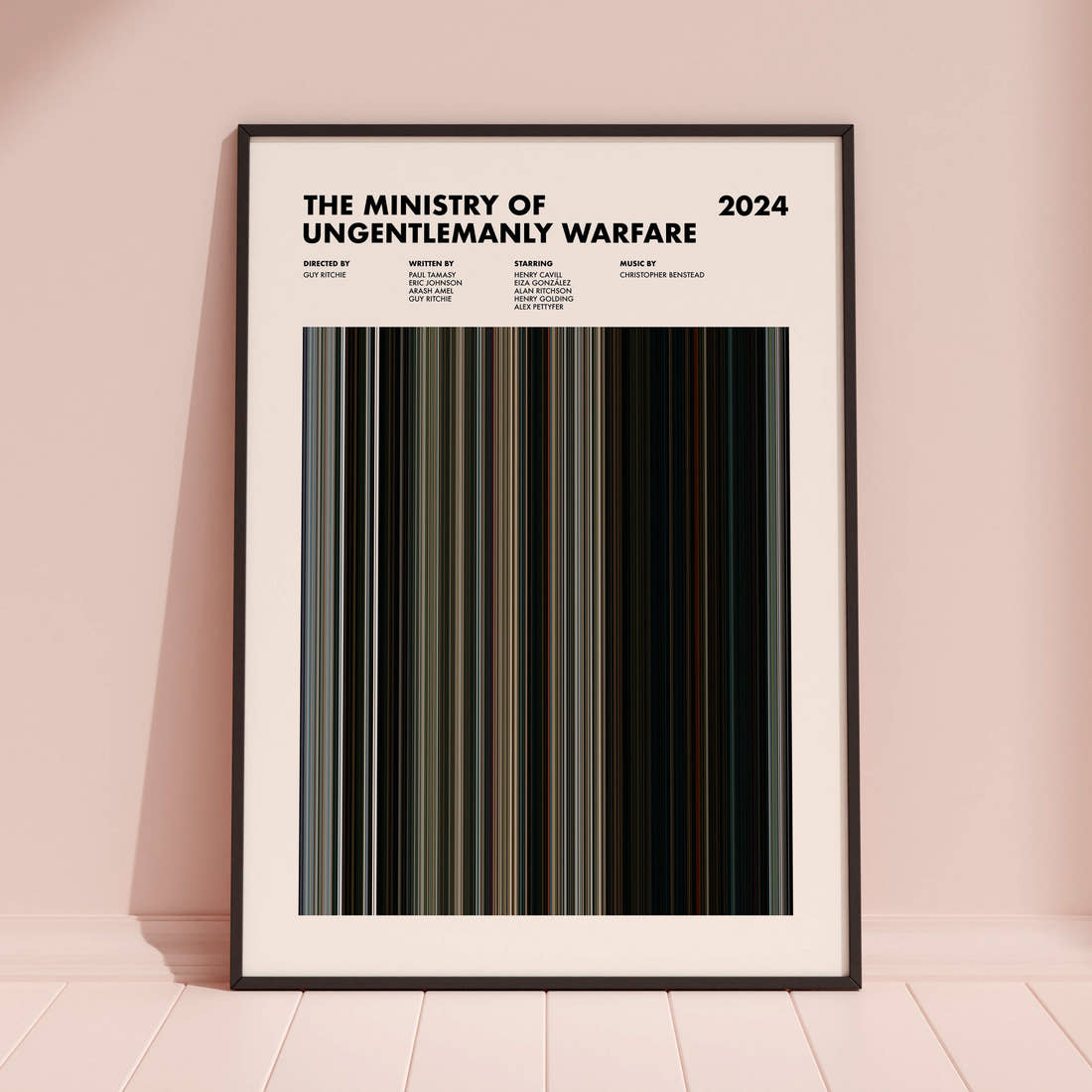 The Ministry of Ungentlemanly Warfare Movie Barcode Poster framed and leaning against a coloured wall