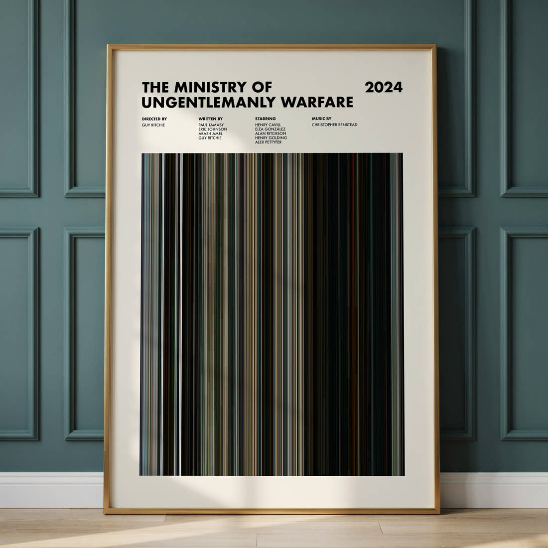 The Ministry of Ungentlemanly Warfare Movie Barcode Poster framed and leaning against a panelled wall