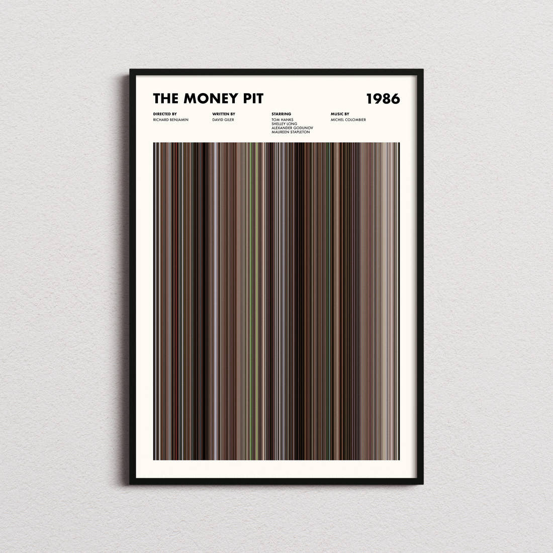 The Money Pit Movie Barcode Poster framed on a plain studio wall