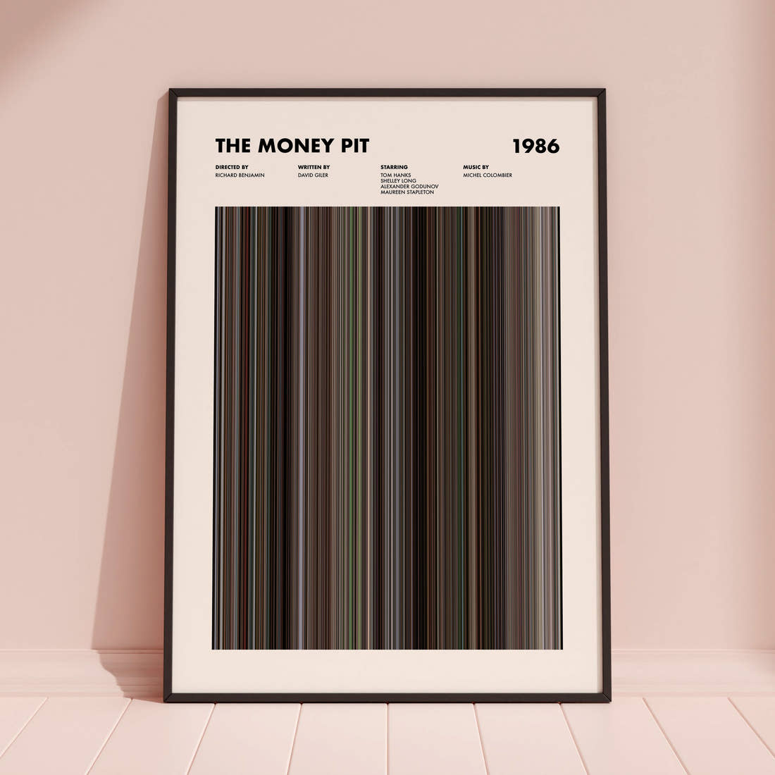 The Money Pit Movie Barcode Poster framed and leaning against a coloured wall