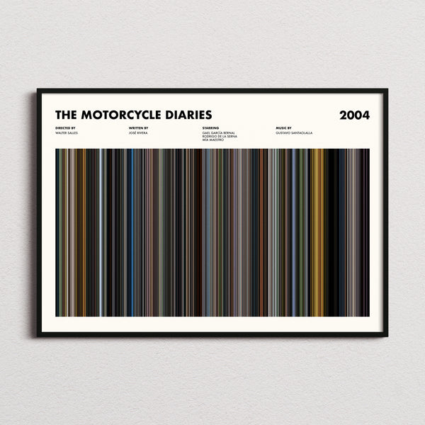 The Motorcycle Diaries Movie Barcode Poster framed and photographed straight on