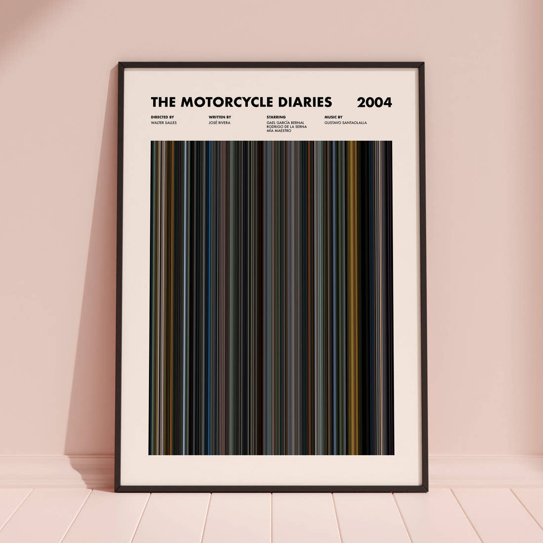 The Motorcycle Diaries Movie Barcode Poster framed and leaning against a coloured wall