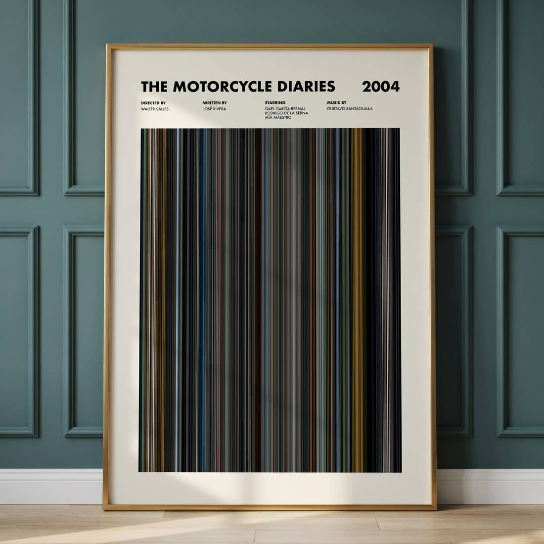 The Motorcycle Diaries Movie Barcode Poster framed and leaning against a panelled wall