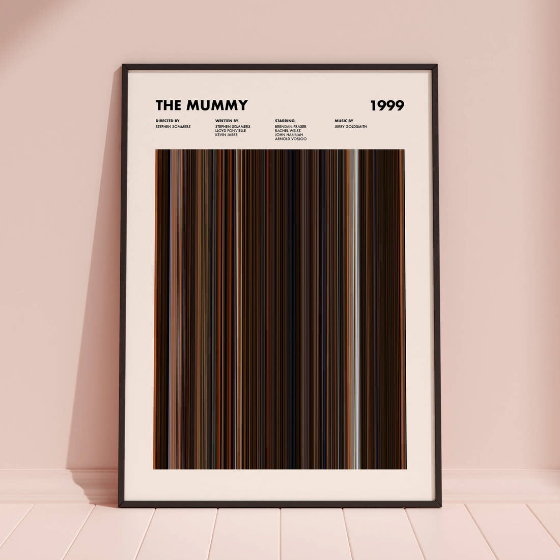 The Mummy Movie Barcode Poster framed and leaning against a coloured wall