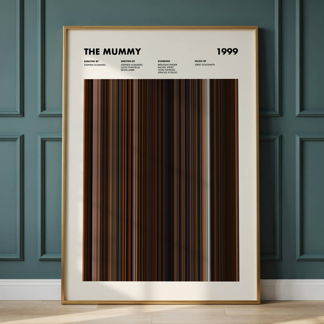 The Mummy Movie Barcode Poster framed and leaning against a panelled wall