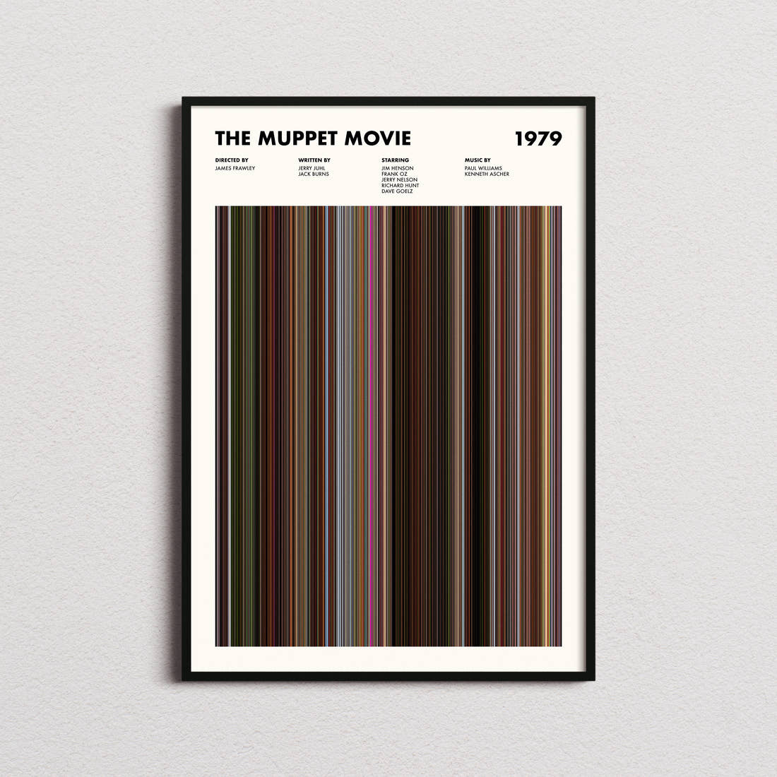 The Muppet Movie Barcode Poster framed on a plain studio wall