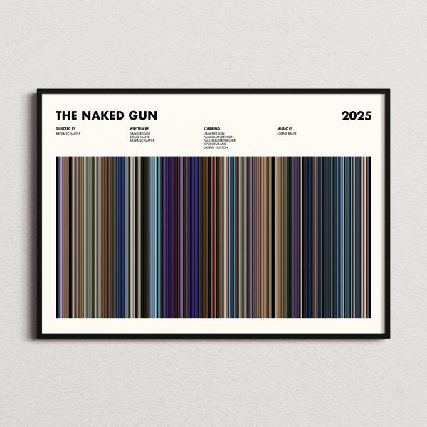 The Naked Gun (2025) Movie Barcode Poster framed and photographed straight on