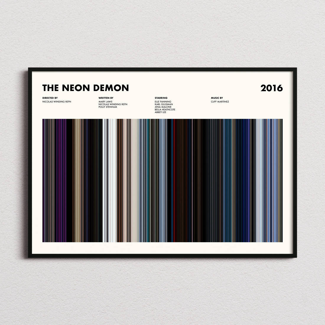 The Neon Demon Movie Barcode Poster framed and photographed straight on