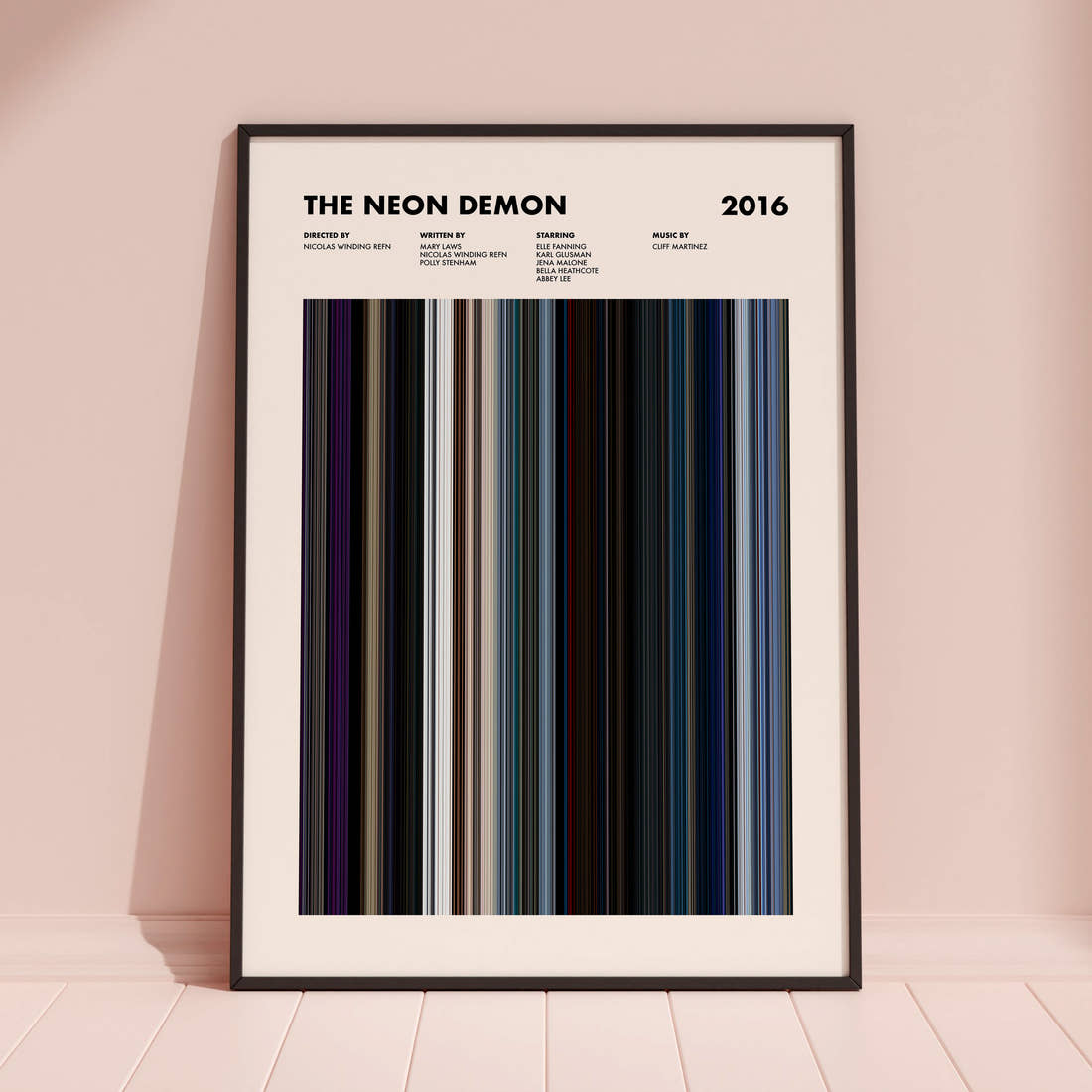 The Neon Demon Movie Barcode Poster framed and leaning against a coloured wall
