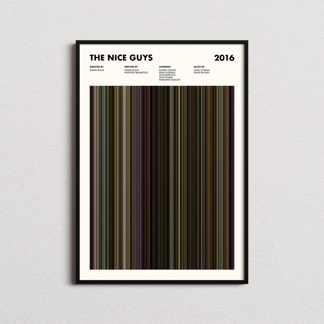 The Nice Guys Movie Barcode Poster framed on a plain studio wall