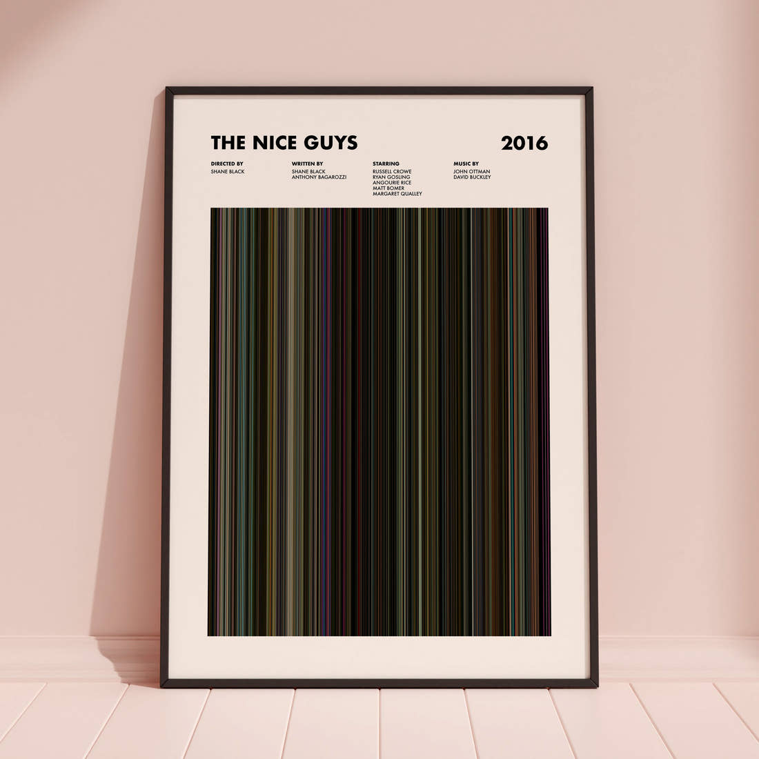The Nice Guys Movie Barcode Poster framed and leaning against a coloured wall