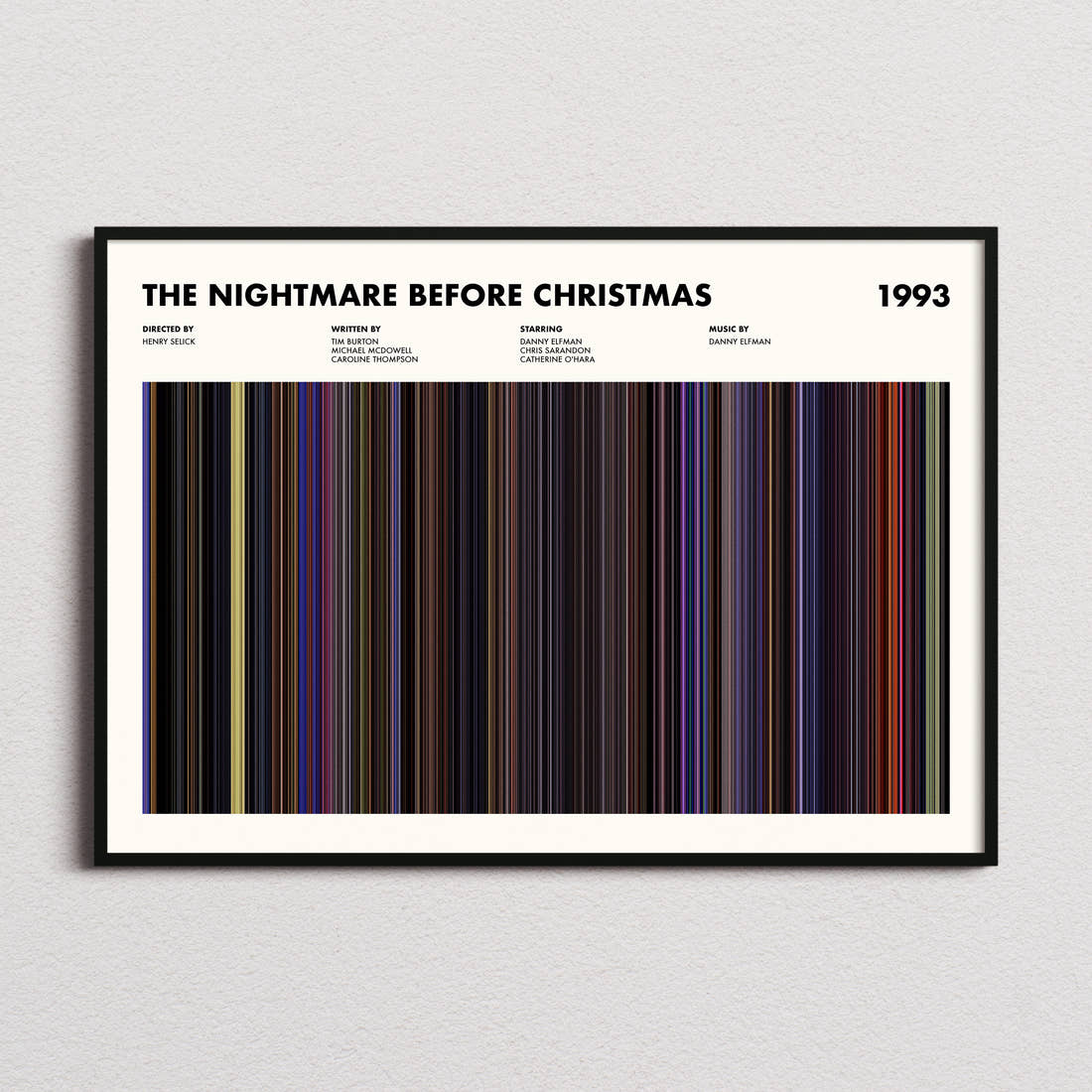 The Nightmare Before Christmas Movie Barcode Poster framed and photographed straight on
