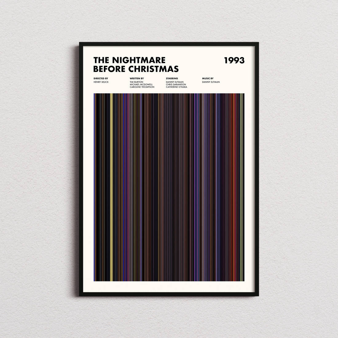 The Nightmare Before Christmas Movie Barcode Poster framed on a plain studio wall