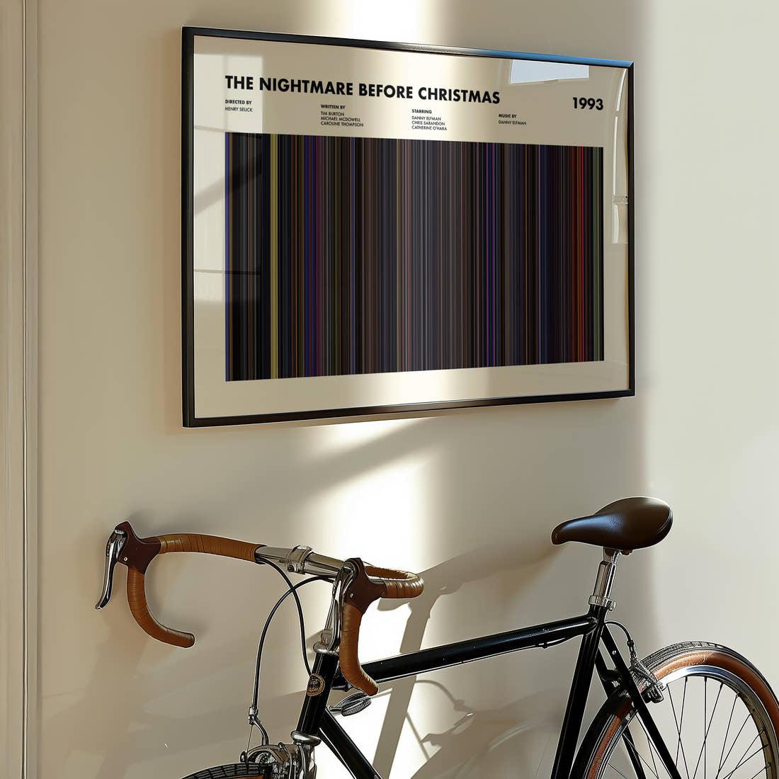 The Nightmare Before Christmas Movie Barcode Poster framed on the wall of a styled room setting