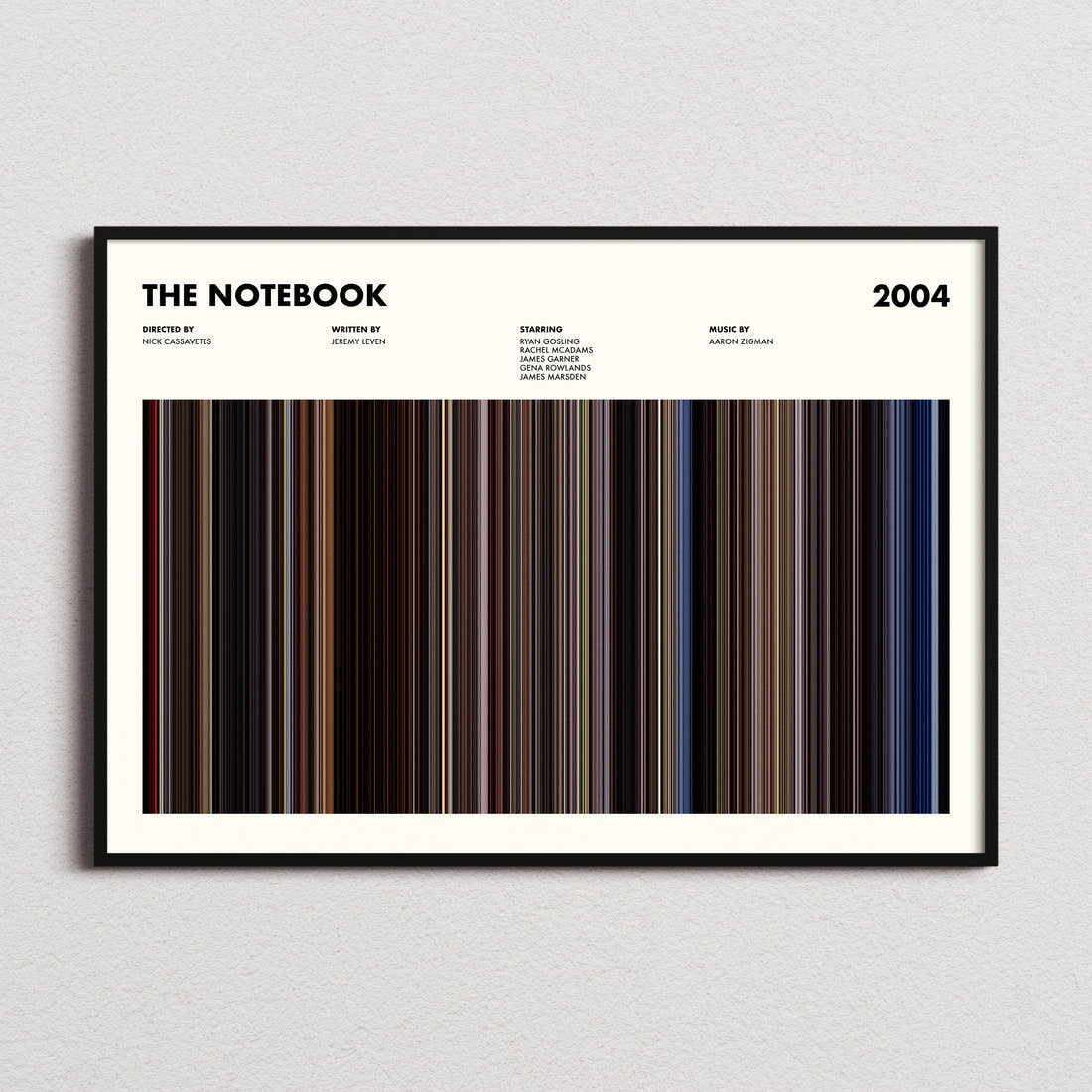 The Notebook Movie Barcode Poster framed and photographed straight on