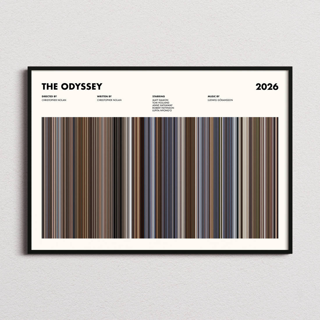 The Odyssey Movie Barcode Poster framed and photographed straight on