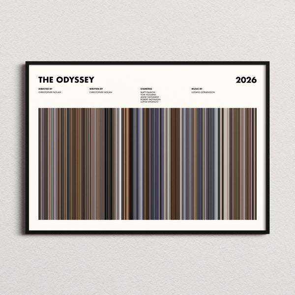 The Odyssey Movie Barcode Poster framed and photographed straight on