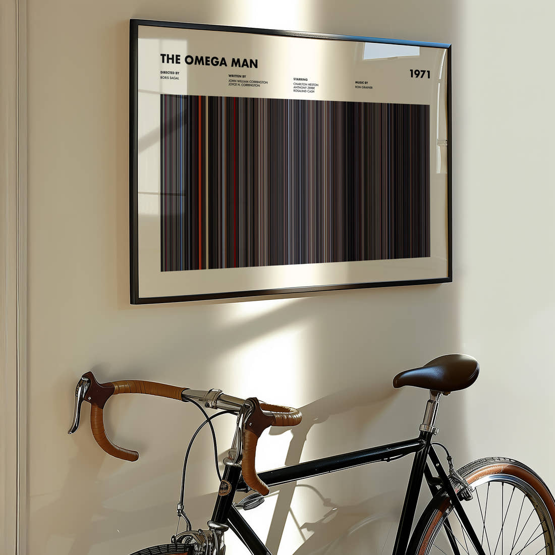 The Omega Man Movie Barcode Poster framed on the wall of a styled room setting