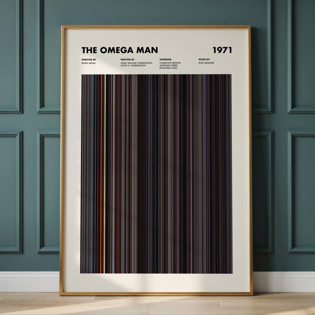 The Omega Man Movie Barcode Poster framed and leaning against a panelled wall