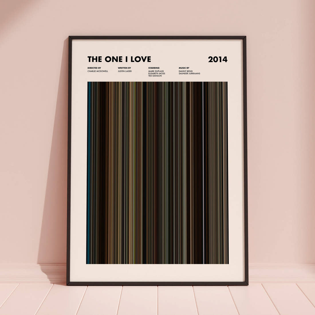 The One I Love Movie Barcode Poster framed and leaning against a coloured wall