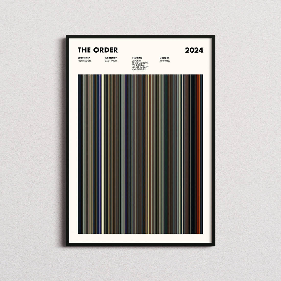 The Order Movie Barcode Poster framed on a plain studio wall