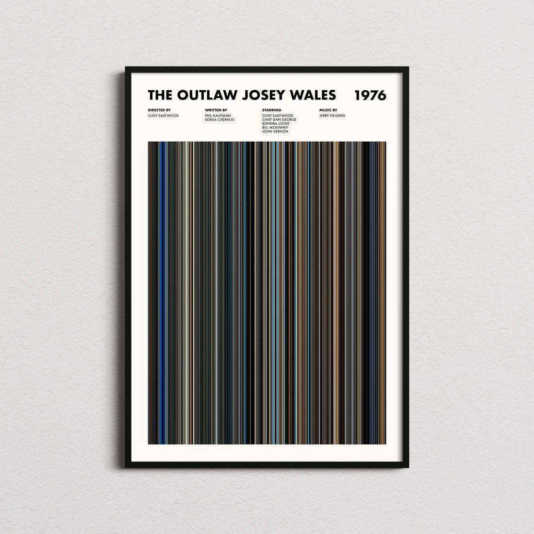 The Outlaw Josey Wales Movie Barcode Poster framed on a plain studio wall