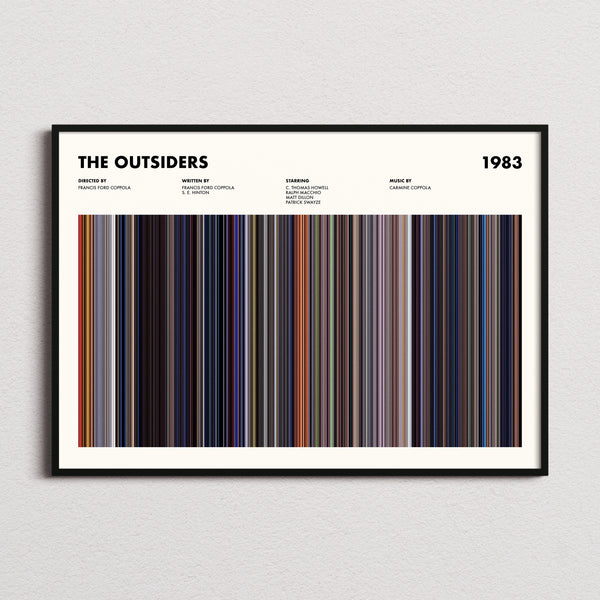 The Outsiders Movie Barcode Poster framed and photographed straight on