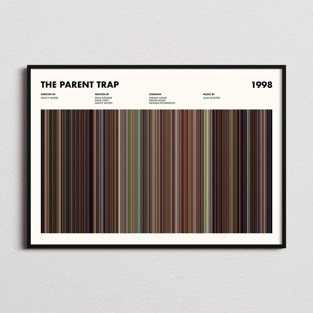 The Parent Trap Movie Barcode Poster framed and photographed straight on