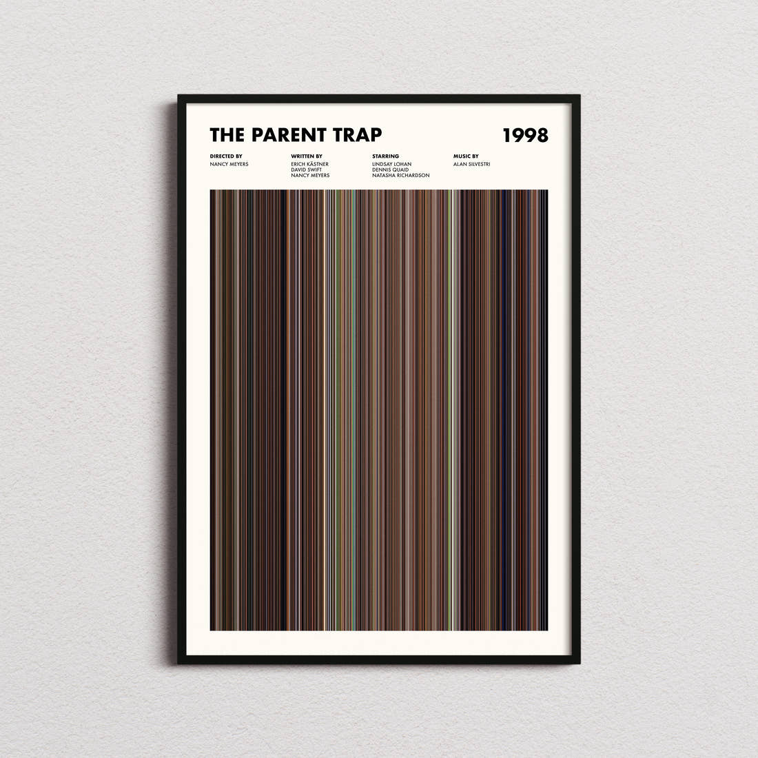 The Parent Trap Movie Barcode Poster framed on a plain studio wall