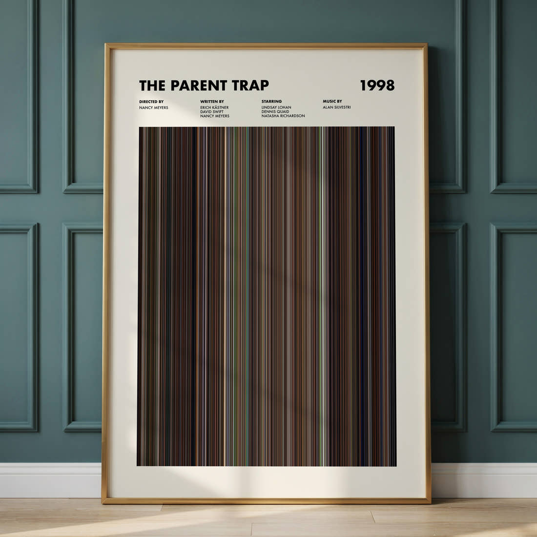 The Parent Trap Movie Barcode Poster framed and leaning against a panelled wall