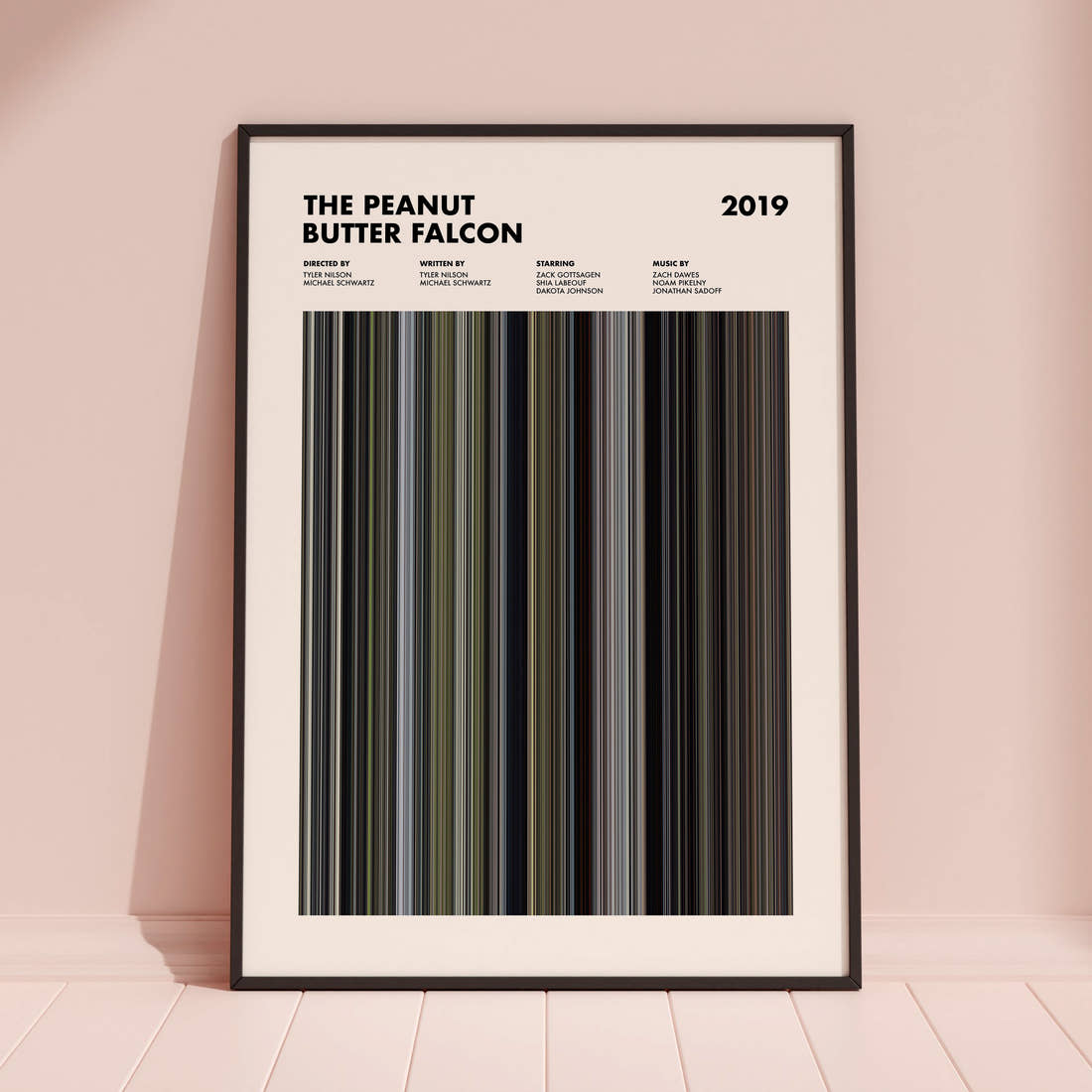 The Peanut Butter Falcon Movie Barcode Poster framed and leaning against a coloured wall