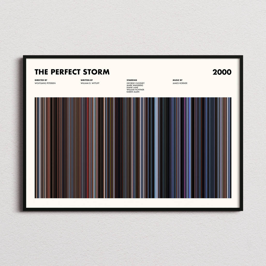 The Perfect Storm Movie Barcode Poster framed and photographed straight on